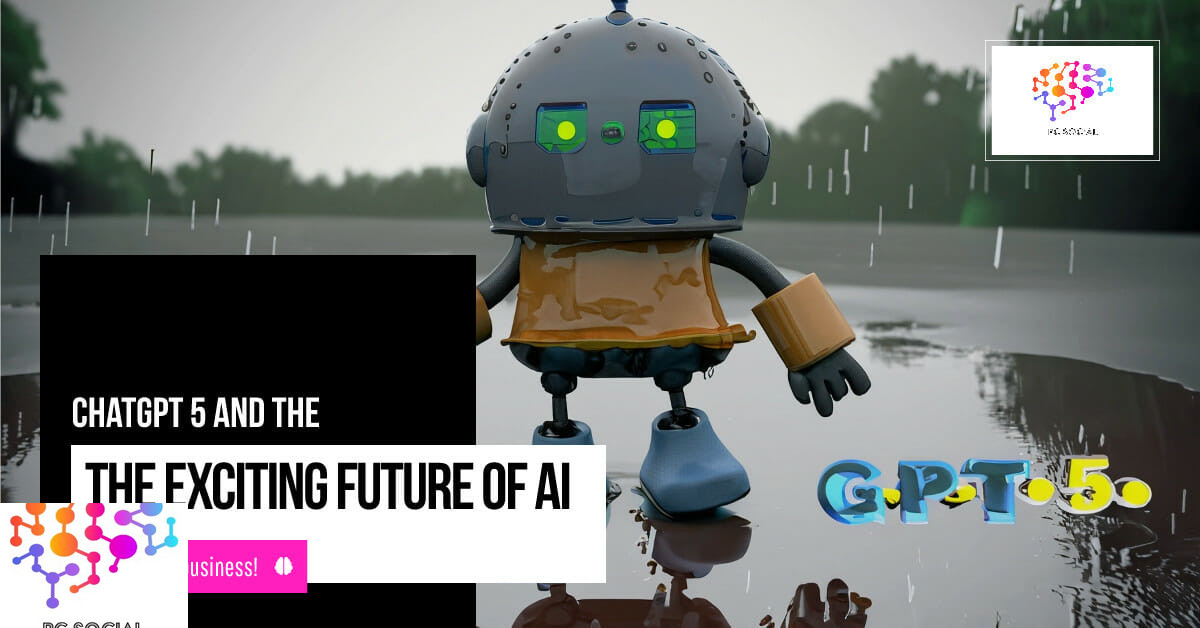 A robot in the rain with the text find the exciting future of ai.